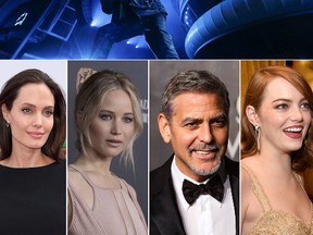 Clockwise from top: Drake, Emma Stone, George Clooney, Jennifer Lawrence and Angelina Jolie are all set to attend the 42nd Toronto International Film Festival. (AP and Getty file photos)