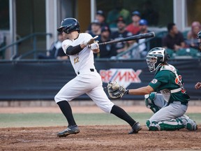 POSTMEDIA NETWORK - 
Edmonton’s Jake Lanferman hits the ball during Game 4 of the WMBL final playoff series between the Edmonton Prospects and the Swift Current 57s at Re/Max Field in Edmonton last Wednesday.