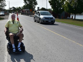 Evelyn McLeod/For The Intelligencer
Bert Greenhalgh, a 95-year-old veteran of the Second World War, uses his wheelchair to get around Campbellford. While most drivers are courteous, Greenhalgh has had a couple of near misses and is urging motorists to be aware of people using wheelchairs, scooters and walkers.