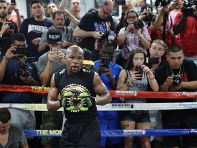 Floyd Mayweather Jr. trains at his gym on Aug. 10, 2017, in Las Vegas. (AP Photo/John Locher)