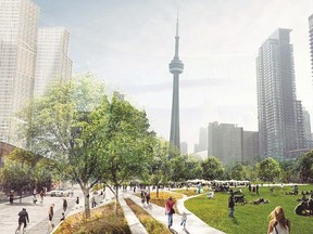 A rendition of the proposed Rail Deck Park. According to documents obtained by the Toronto Sun, city staff struggled to come up with cost estimates for Rail Deck Park ahead of a key vote last September which authorized further study of the project.