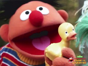 Ernie is sings about his pal Rubbie Duckie or El Patito ("that’s Spanish for rubber duckie”). (YouTube screengrab)