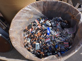 Image of a container full of batteries collected during one of the city's Household Hazardous Waste Drop-off events. (Submitted photo)