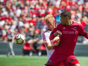 Ottawa Fury’s Steevan Dos Santos (right) was the only player who got on the board against Cincinnati FC. (Ashley Fraser/Postmedia Network)