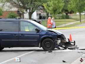 A man was taken to hospital after his motorcycle and a van collided at Hale and Brydges streets Thursday morning. (DALE CARRUTHERS, The London Free Press)