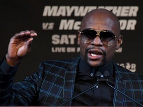 Boxer Floyd Mayweather Jr. speaks during a news conference at the KA Theatre at MGM Grand Hotel & Casino on August 23, 2017 in Las Vegas, Nevada. Mayweather will meet UFC lightweight champion Conor McGregor in a super welterweight boxing match at T-Mobile Arena on August 26 in Las Vegas. (Photo by Ethan Miller/Getty Images)