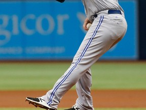 Pitcher Tom Koehler of the Toronto Blue Jays pitches during the first inning of a game against the Tampa Bay Rays on Aug. 24, 2017 at Tropicana Field. (Brian Blanco/Getty Images)