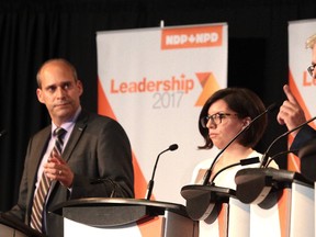 Candidate Charlie Angus makes a point at the federal NDP leadership race debate in Sudbury, Ont. on Sunday May 28, 2017. (Gino Donato/Postmedia Network)