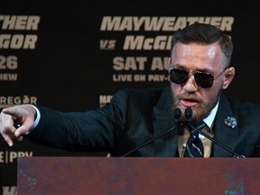 UFC lightweight champion Conor McGregor speaks during a news conference at the KA Theatre at MGM Grand Hotel & Casino on Aug. 23, 2017. (Ethan Miller/Getty Images)