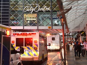 Emergency Crews on the scene of an electrical fire inside Edmonton City Centre, which was evacuated in Edmonton, August 24, 2017. Ed Kaiser/Postmedia