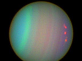 A Hubble Telescope image from 2004 of Uranus as seen with colour filters. (NASA photo)