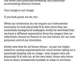 A Toronto organization providing live musical entertainment for events came under fire after an email from its management suggested it would only feature vocalists who are “fit and slim” in its boutique orchestras.