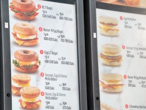 A McDonald's drive-thru menu conforms to new provincial legislation requiring all food chains with 20 or more locations to list the calories or range of calories in a meal.