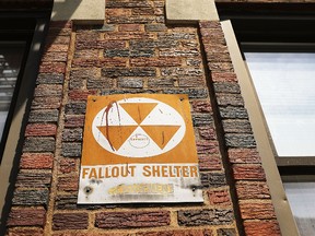 A leftover fallout shelter sign, one of hundreds in New York, is displayed on a building on August 11, 2017 in New York City. The signs signifying a protective space to sit out a nuclear attack date back to the early 1960's when America was in a Cold War with Russia.  (Photo by Spencer Platt/Getty Images)