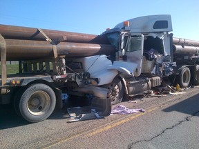 RCMP are investigating a three-vehicle collision on Highway 19 just before the Highway 60 junction, south of Devon, Alta. (Photos submitted by RCMP)