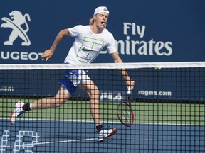 Denis Shapovalov returns the ball during a training session as he prepares for the upcoming U.S. Open in Montreal on Aug. 17, 2017. (THE CANADIAN PRESS/Paul Chiasson)