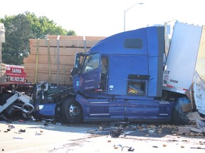 This July crash on Highway 402, which left two occupants of the truck with minor injuries, is one of three recent collisions that have raised concerns. (Postmedia Network file photo)