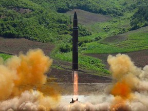 This July 4, 2017 file photo distributed by the North Korean government shows what was said to be the launch of a Hwasong-14 intercontinental ballistic missile, ICBM, in North Korea. (Korean Central News Agency/Korea News Service via AP, File)