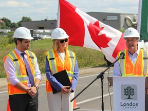 London North Centre MP Peter Fragiskatos (left), London West MP Kate Young and London Mayor Matt Brown announce that London will be receiving $22.3 million through the federal Gas Tax Fund. (CHARLIE PINKERTON, The London Free Press)