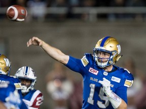 Winnipeg Blue Bombers quarterback Matt Nichols fires a pass as they face the Montreal Alouettes during second quarter CFL football action Thursday, August 24, 2017 in Montreal. THE CANADIAN PRESS/Paul Chiasson