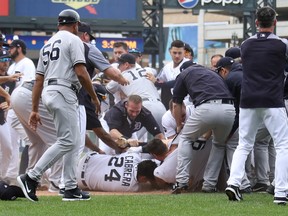 Miguel Cabrera of the Detroit Tigers lays on the ground during a bench clearing fight with the New York Yankees at Comerica Park on Aug. 24, 2017 in Detroit, Michigan. (Gregory Shamus/Getty Images)