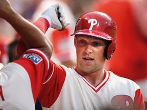 Phillies rookie Rhys Hoskins is high-fived after hitting one of his nine homers since being called up recently. (Laurence Kesterson, AP)
