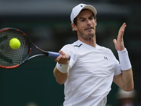 This July 12, 2017 photo shows Britain's Andy Murray returning to Sam Querrey of the United States during their Men's Singles Quarterfinal Match at the Wimbledon Tennis Championships in London. (AP Photo/Tim Ireland, file)