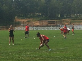 Keyara Wardley, who’s now training with the national women’s Sevens team on Vancouver Island, throws a rugby ball during a recent practice.