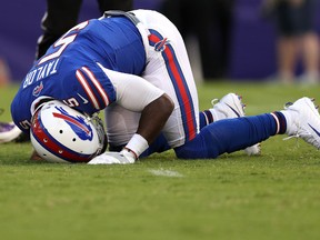Quarterback Tyrod Taylor #5 of the Buffalo Bills reacts after being sacked against the Baltimore Ravens in the first quarter during a preseason game at M&T Bank Stadium on August 26, 2017 in Baltimore, Maryland. Taylor left the game after the tackle. (Patrick Smith/Getty Images)