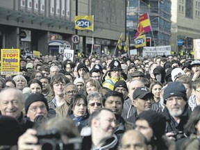 A counter-protest is held adjacent to a protest by the British branch of the German group Pegida in Newcastle upon Tyne, England, in February 2015 ? the group?s first demonstration on British soil. Gwynne Dyer points out it is wrong to blame the entire Muslim community for the actions of ?a few hundred gullible, attention-seeking young men.? (AFP file photo)