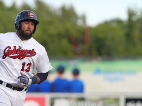 Winnipeg Goldeyes 1B David Bergin trots around the bases after his solo home run in the first inning of American Association action against the Sioux Falls Canaries at Shaw Park in Winnipeg on Tues., May 30, 2017. Kevin King/Winnipeg Sun/Postmedia Network