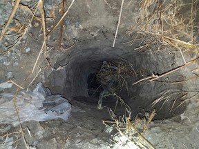 This Saturday, Aug. 26, 2017, photo released by U.S. Customs and Border Protection shows a tunnel exit with ladder inside in San Diego, Calif. Authorities say they've found a smuggling tunnel that carried dozens of people across the border from Mexico into the United States. Border Patrol agents discovered the crude tunnel shortly after 1 a.m. Saturday near the Otay Mesa border crossing in San Diego. Authorities say the tunnel may be an extension of an incomplete tunnel previously discovered by Mexican authorities. (U.S. Customs and Border Protection via AP)