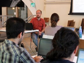 Jeff Stafford instructs the Exploring Data Science with R workshop presented by Sudo and Innovate Kingston at The Sanctuary shared workspace on Queen Street on Saturday.