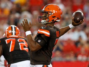 Browns quarterback DeShone Kizer drops back to pass during a preseason game against the Tampa Bay Buccaneers on August 26, 2017 at Raymond James Stadium in Tampa. (Brian Blanco/Getty Images)