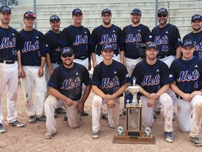 The Mitchell Mets repeated as South Perth Men’s Fastball League (SPMFL) champions - their seventh overall title - in the double-knockout playoff tournament this past weekend in Shakespeare. Back row (left): AJ Moses, Andrew Pearn, Jeff Pauli (coach), Todd Uhrig, Ben Hodgins, Matt McGill, Scott Walls, Andrew Baker. Front row (left): Bret Kraemer, Tyler Pauli, Kevin Ward, Scott Lealess. Absent was Tyler Sebastian, Dylan Ward and Trevor Skinner. SUBMITTED