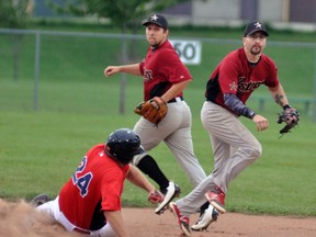 Mitchell Astros shortstop Dave Haggit fires to first to try and complete this double play during action from the Midwestern Ontario Senior Baseball League playoff tournament Aug. 18 against St. Thomas at Cooper diamond of Kinsmen Park. The Astros lost this game 3-1 but rallied to finish third overall. ANDY BADER/MITCHELL ADVOCATE