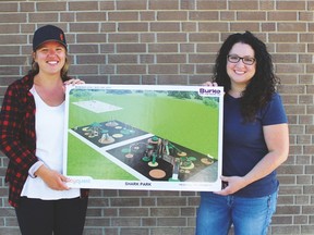 Danna Cropley and Jessica Patterson hold up a photo depicting all three phases of the Shark Park.