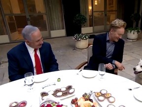 In this screenshot, late-night talk show host Conan O'Brien sits down with Israeli Prime Minister Benjamin Netanyahu. (Twitter/Benjamin Netanyahu)