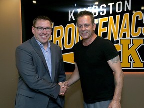 The Kingston Frontenacs introduced their new head coach Jay Varady, left, with President of Hockey Operations Doug Gilmour in July at the Rogers-K-Rock Centre. (Ian MacAlpine/The Whig-Standard)