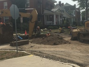 Crews were out working on road construction at the corner of Gladstone Avenue and Stanley Street in St. Thomas on Monday afternoon. That is just one project in an array of capital projects the city has invested in this year. (Laura Broadley/Times-Journal)