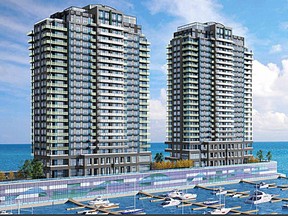 An artist's rendering of two condominium buildings at 1100 King St. W. to be constructed on the site of a former grain elevator pier. (Submitted photo/The Whig-Standard)