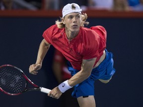 Denis Shapovalov of Canada serves to Alexander Zverev of Germany during the semifinals at the Rogers Cup tennis tournament Saturday Aug. 12, 2017 in Montreal. (THE CANADIAN PRESS/Paul Chiasson)