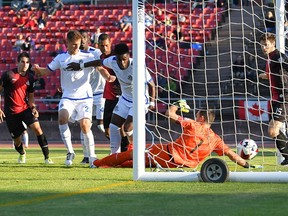 FC Edmonton midfielder Allan Zebie (middle) scores the winning goal in a 2-1 victory against the San Francisco Deltas on Saturday, Aug. 26, 2017, in San Francisco, Calif. FC Edmonton travel more during their NASL season than any other professional sports team in North America.