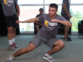 Kingston Frontenacs' Brett Neumann performs a fitness test as new and returning Kingston Frontenacs players go through fitness testing at the Rogers K-Rock Centre on Monday. Players will be hitting the ice on Tuesday. (Ian MacAlpine /The Whig-Standard)