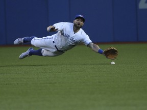 Kevin Pillar made another one of his superb diving catches on Monday night against the Boston Red Sox. (Veronica Henri/Toronto Sun)
