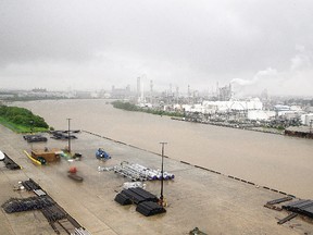 The refinery section of the Houston Ship Channel is seen as flood water rise on August 27, 2017 as Houston battles with tropical storm Harvey and resulting floods. (THOMAS B. SHEA/AFP/Getty Images)