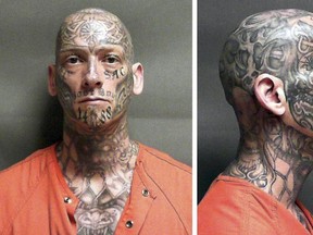 This pair of undated identification photos released by the U.S. Marshal's Office shows Eric Judkins, an inmate at a halfway house in Manchester, N.H., who failed to return to the facility Monday night, Aug. 28, 2017. Officials are seeking the public's help in finding the heavily tattooed escaped inmate, with designs covering his shaved head, face, neck, chest, arm and hands. (U.S. Marshal's Office via AP)