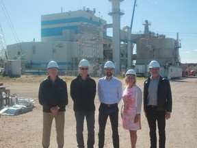 Local officials take a tour of Whitecourt Power’s biomass facility on Aug. 25. From left to right: Woodlands County Mayor Jim Rennie, plant manager Leonard Sanche, Capstone CEO David Eva, Whitecourt Mayor Maryann Chichak, Whitecourt-Ste. Anne MLA Oneil Carlier (Joseph Quigley | Whitecourt Star).