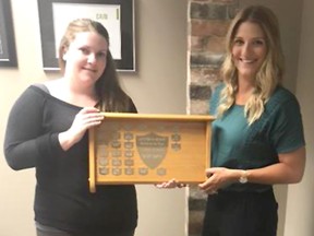 Lucknow Kinette second vice president Alison Simpson recently presented the Kinette of the Year plaque to past president Breanne Chapman, who was awarded for her great contribution to Lucknow Kinette club activities this past year.