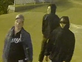 Toronto Police released this image of three men sought for mischief after the roof of Ripley's Aquarium was targeted with graffiti.